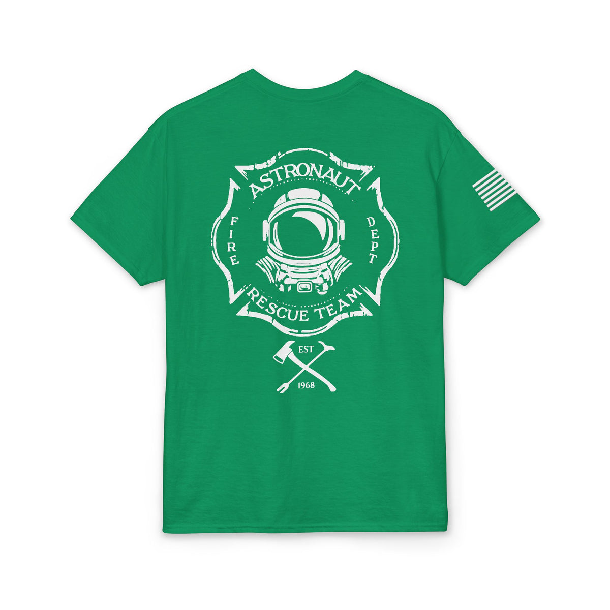 Astronaut Rescue Team Cotton-Poly DryBlend Tee American Flag Sleeve, Firefighter Work Tee, Space Center Fire Rescue Shirt, Rocket Launch First Responder Gift