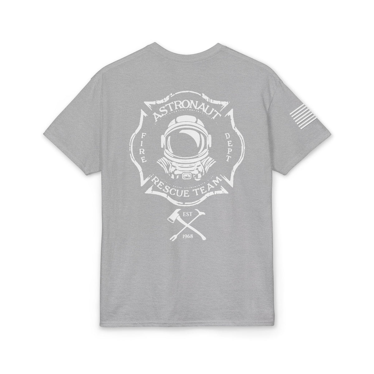 Astronaut Rescue Team Cotton-Poly DryBlend Tee American Flag Sleeve, Firefighter Work Tee, Space Center Fire Rescue Shirt, Rocket Launch First Responder Gift