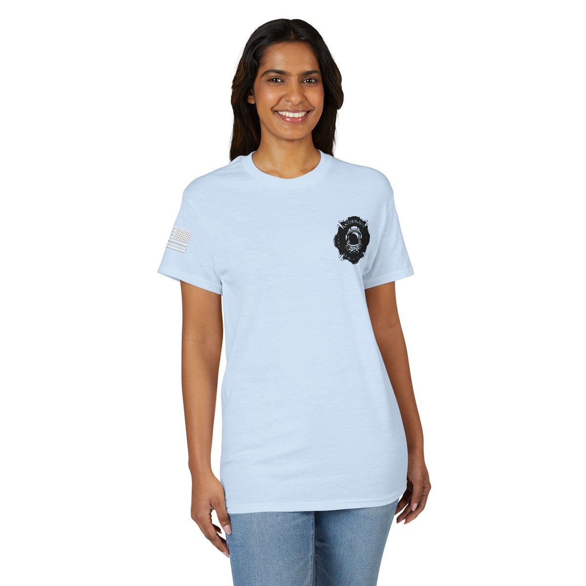 Astronaut Rescue Team Cotton-Poly DryBlend Tee American Flag Sleeve, Firefighter Work Tee, Space Center Fire Rescue Shirt, Rocket Launch First Responder Gift