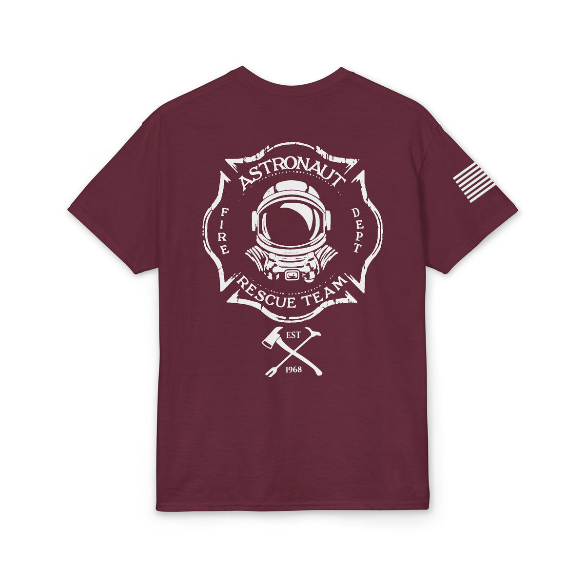 Astronaut Rescue Team Cotton-Poly DryBlend Tee American Flag Sleeve, Firefighter Work Tee, Space Center Fire Rescue Shirt, Rocket Launch First Responder Gift