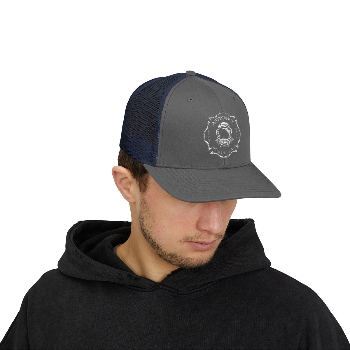 Firefighter Astronaut Rescue Team Trucker Hat, Embroidered Snapback, Space Center Fire Dept Gift, Maltese Cross Rocket Launch Cap