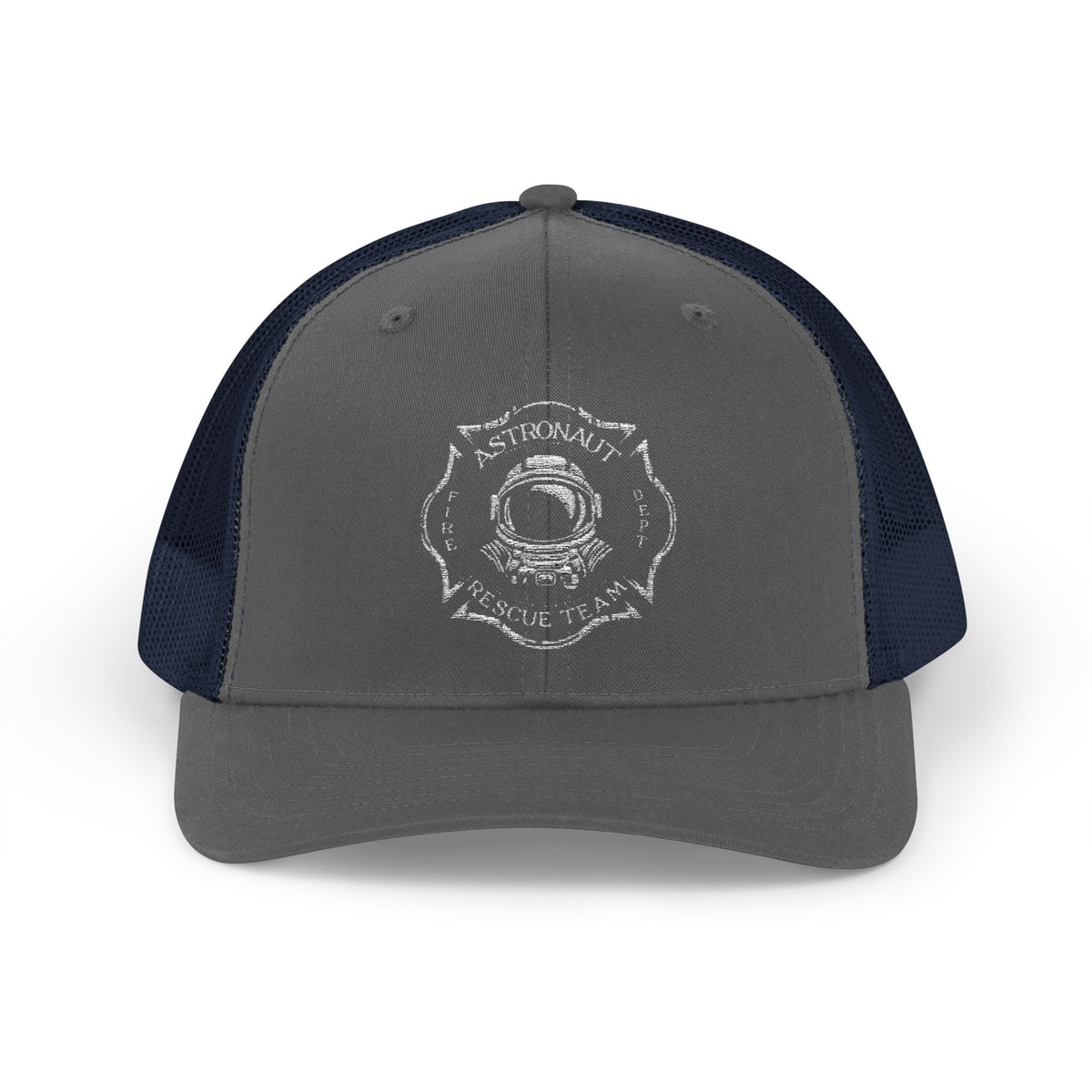 Firefighter Astronaut Rescue Team Trucker Hat, Embroidered Snapback, Space Center Fire Dept Gift, Maltese Cross Rocket Launch Cap