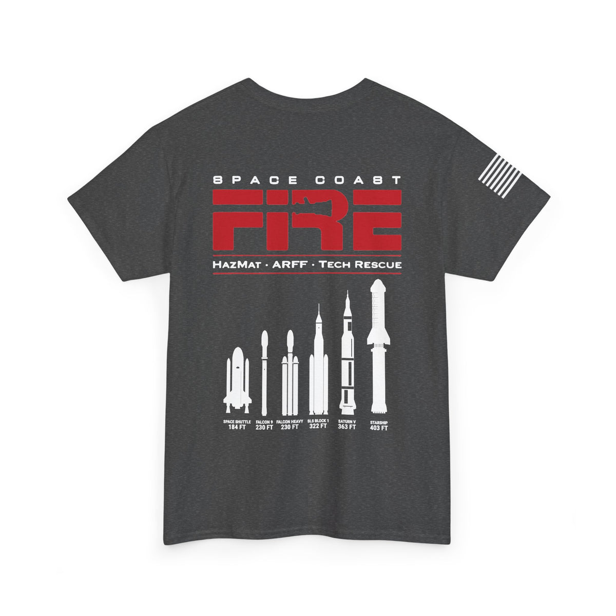 Space Center Fire Rescue Rocket Launch T-Shirt, American Flag Sleeve, Space Coast Fire Dept Firefighter Tee, First Responder Gift