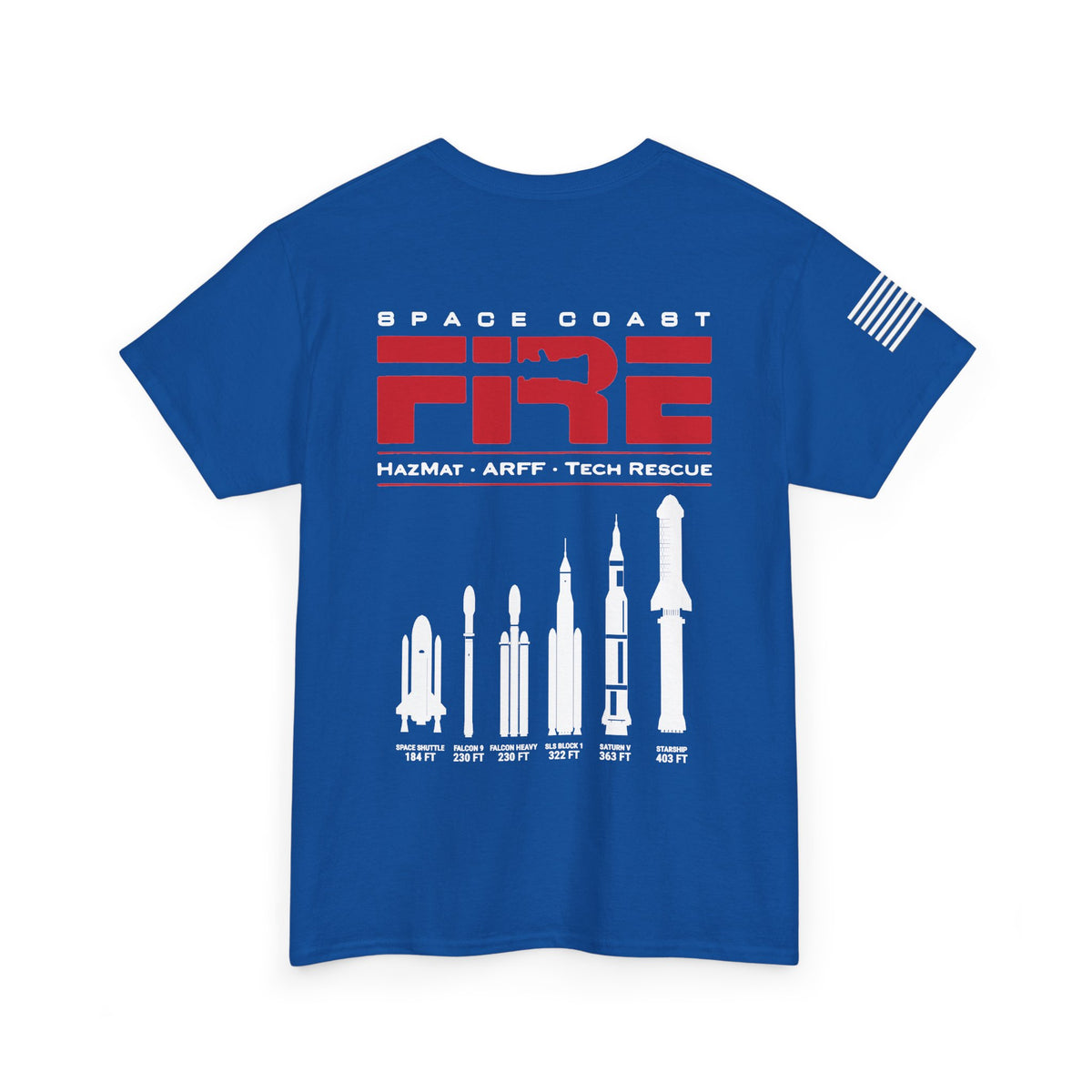 Space Center Fire Rescue Rocket Launch T-Shirt, American Flag Sleeve, Space Coast Fire Dept Firefighter Tee, First Responder Gift