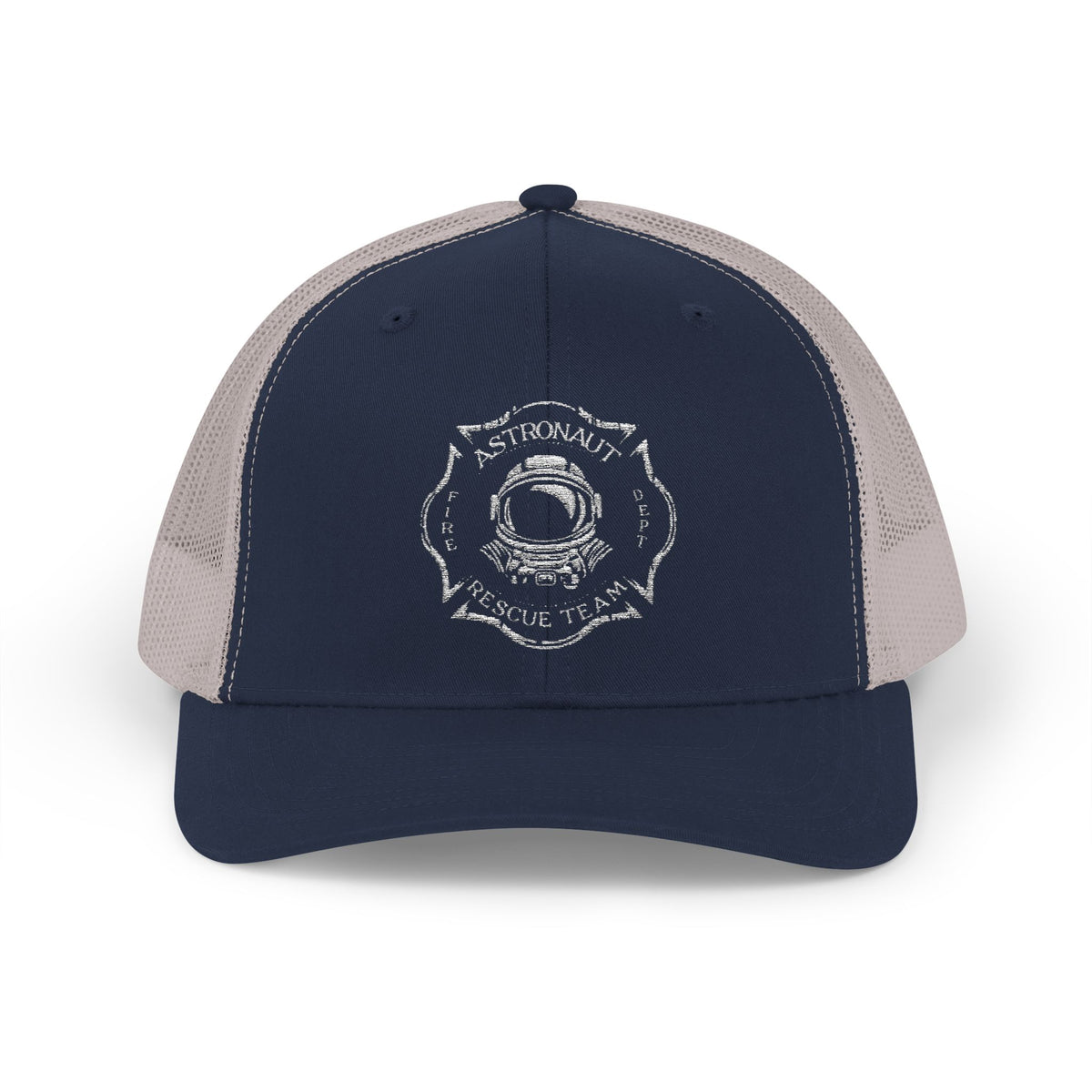 Firefighter Astronaut Rescue Team Trucker Hat, Embroidered Snapback, Space Center Fire Dept Gift, Maltese Cross Rocket Launch Cap