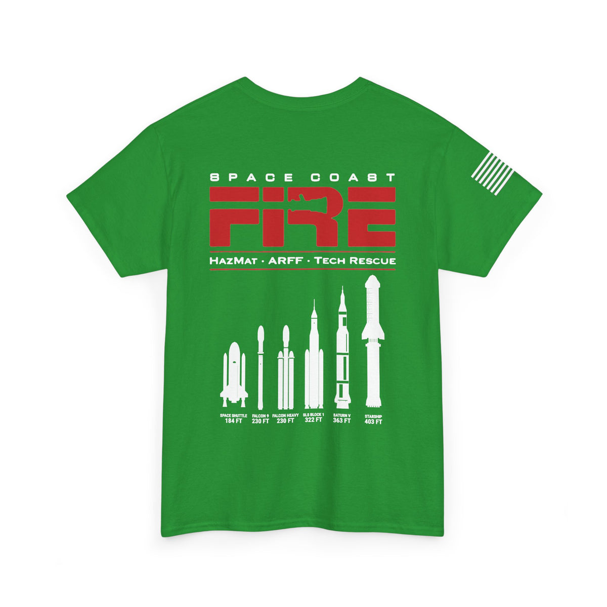 Space Center Fire Rescue Rocket Launch T-Shirt, American Flag Sleeve, Space Coast Fire Dept Firefighter Tee, First Responder Gift