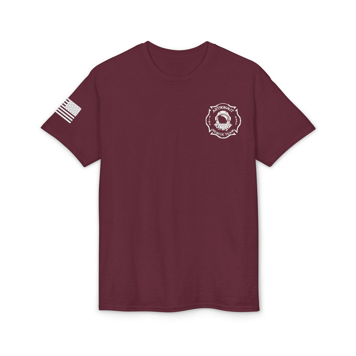 Astronaut Rescue Team Cotton-Poly DryBlend Tee American Flag Sleeve, Firefighter Work Tee, Space Center Fire Rescue Shirt, Rocket Launch First Responder Gift