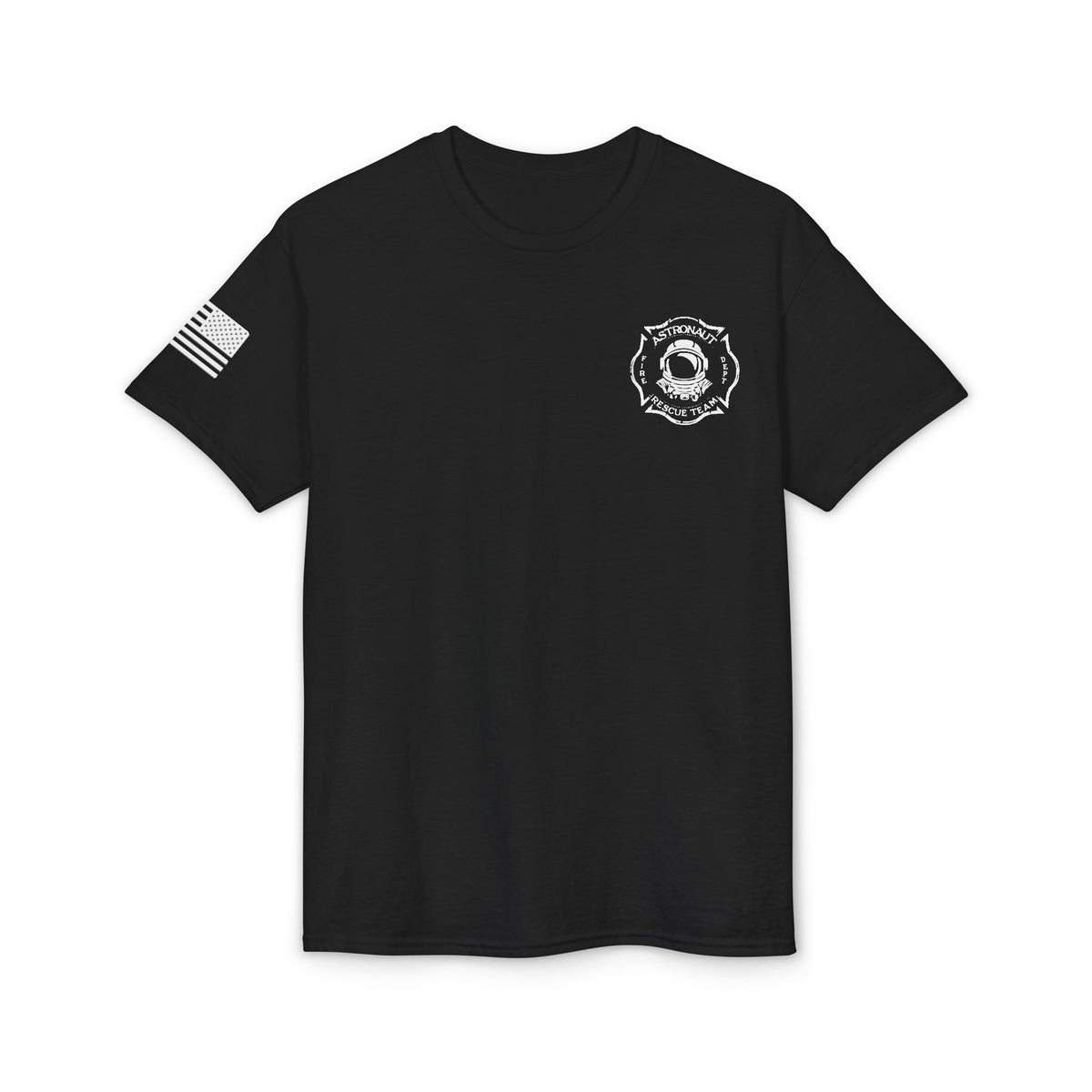 Astronaut Rescue Team Cotton-Poly DryBlend Tee American Flag Sleeve, Firefighter Work Tee, Space Center Fire Rescue Shirt, Rocket Launch First Responder Gift
