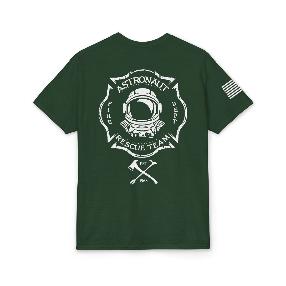 Astronaut Rescue Team Cotton-Poly DryBlend Tee American Flag Sleeve, Firefighter Work Tee, Space Center Fire Rescue Shirt, Rocket Launch First Responder Gift