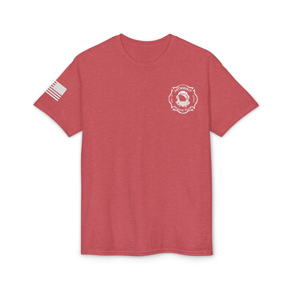 Astronaut Rescue Team Cotton-Poly DryBlend Tee American Flag Sleeve, Firefighter Work Tee, Space Center Fire Rescue Shirt, Rocket Launch First Responder Gift