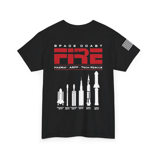 Space Center Fire Rescue Rocket Launch T-Shirt, American Flag Sleeve, Space Coast Fire Dept Firefighter Tee, First Responder Gift