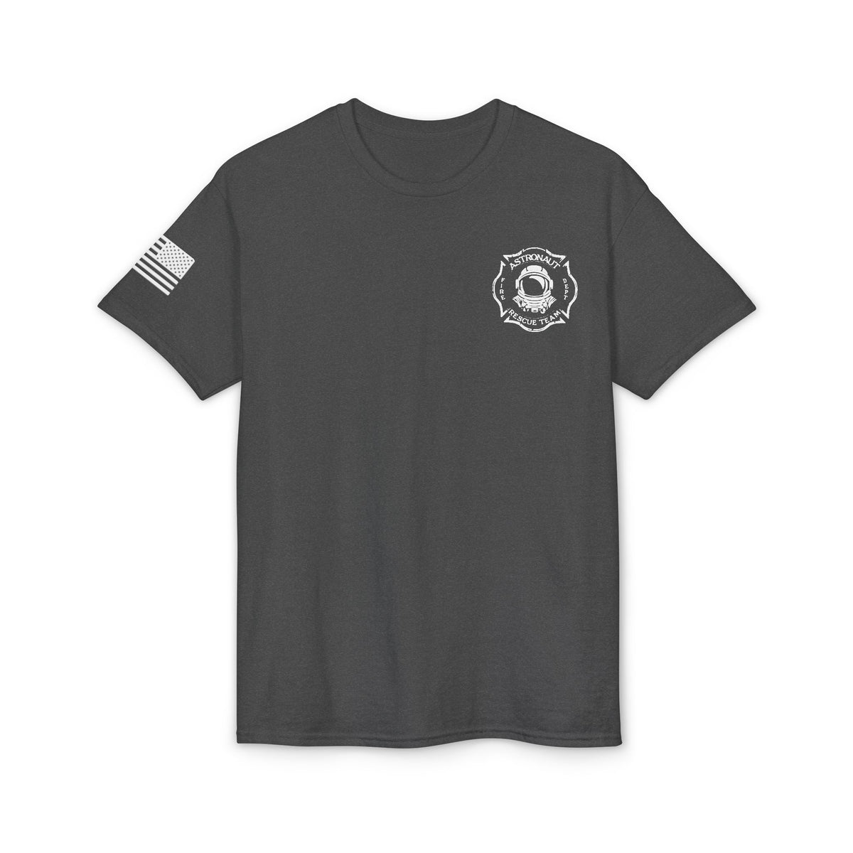 Astronaut Rescue Team Cotton-Poly DryBlend Tee American Flag Sleeve, Firefighter Work Tee, Space Center Fire Rescue Shirt, Rocket Launch First Responder Gift