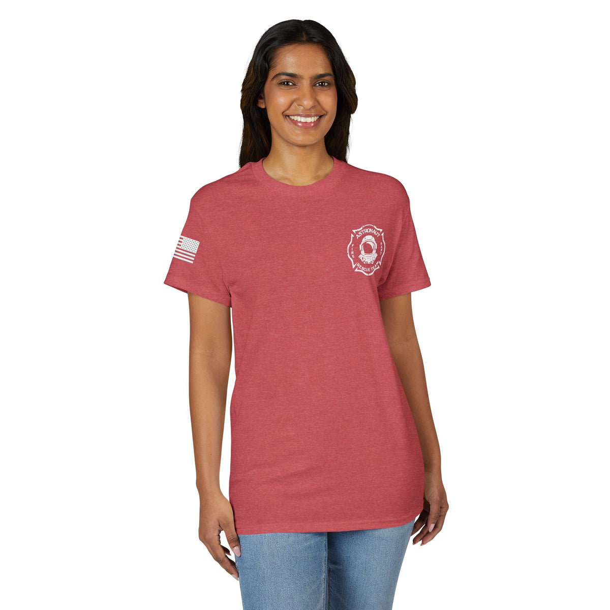 Astronaut Rescue Team Cotton-Poly DryBlend Tee American Flag Sleeve, Firefighter Work Tee, Space Center Fire Rescue Shirt, Rocket Launch First Responder Gift