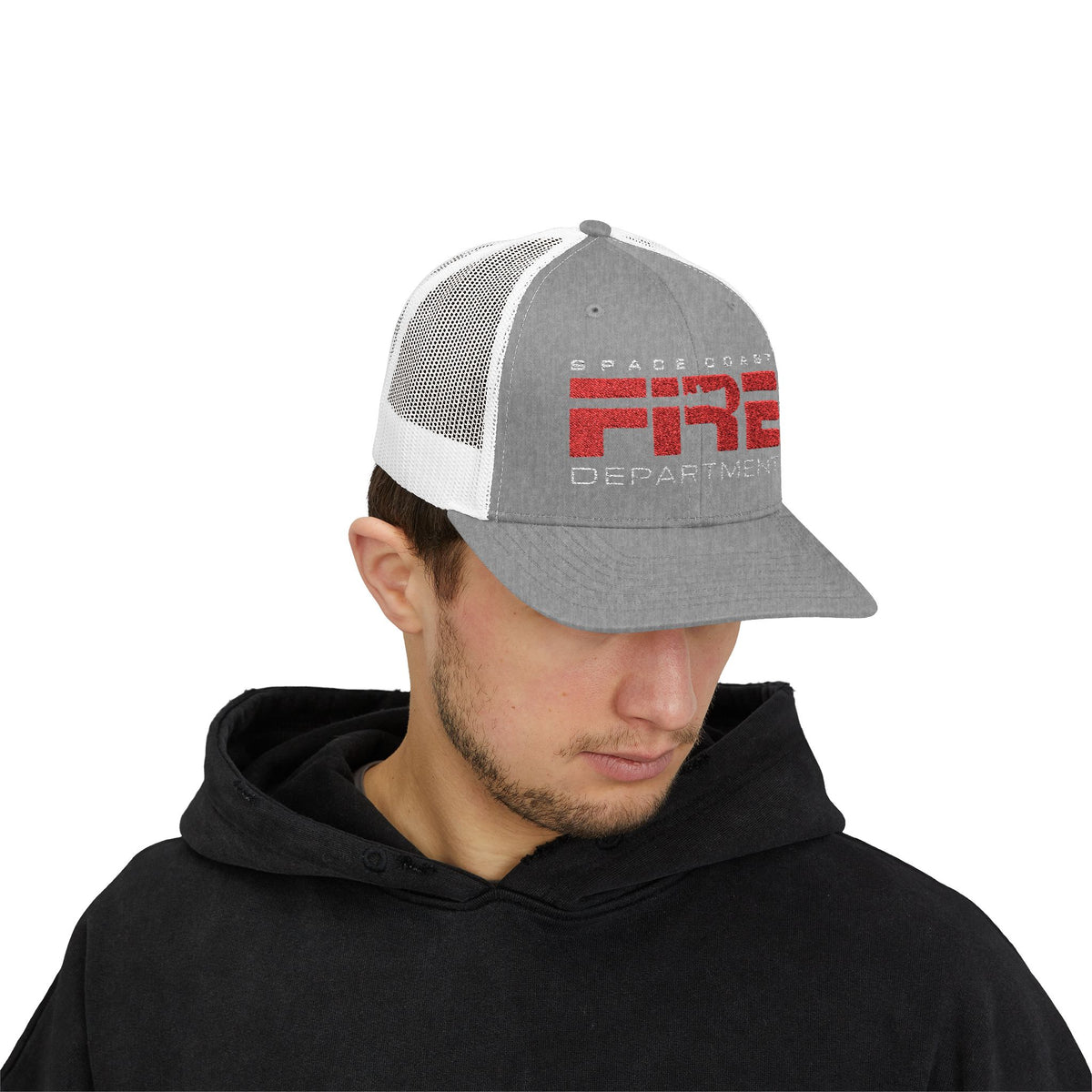 Space Coast Fire Department Vintage Trucker Cap, Embroidered Firefighter Hat, Space Fan Gift