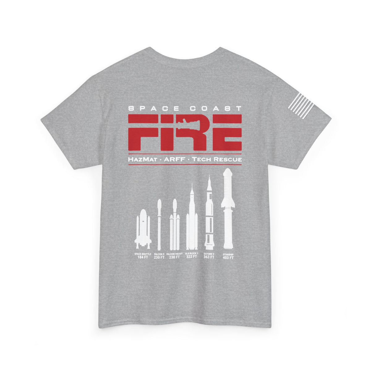 Space Center Fire Rescue Rocket Launch T-Shirt, American Flag Sleeve, Space Coast Fire Dept Firefighter Tee, First Responder Gift