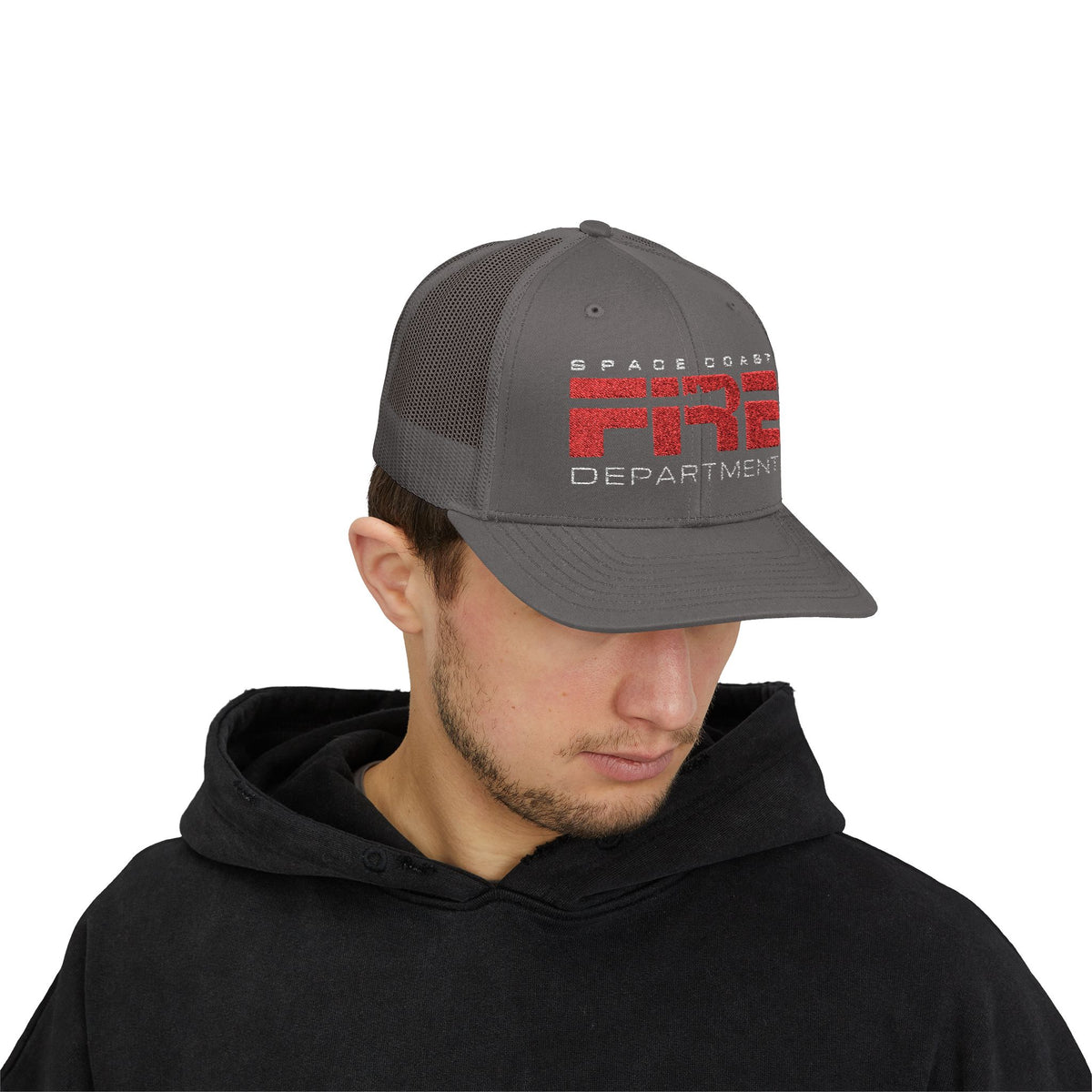 Space Coast Fire Department Vintage Trucker Cap, Embroidered Firefighter Hat, Space Fan Gift