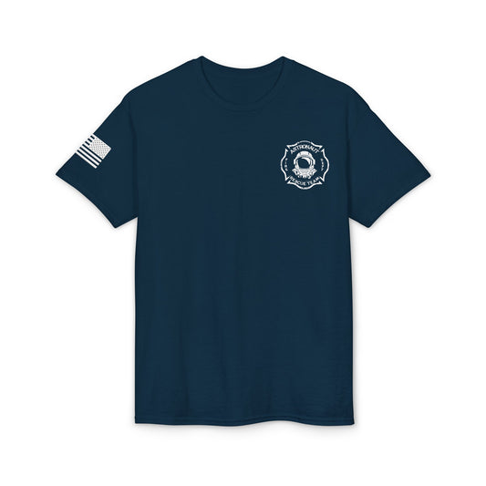 Astronaut Rescue Team Cotton-Poly DryBlend Tee American Flag Sleeve, Firefighter Work Tee, Space Center Fire Rescue Shirt, Rocket Launch First Responder Gift