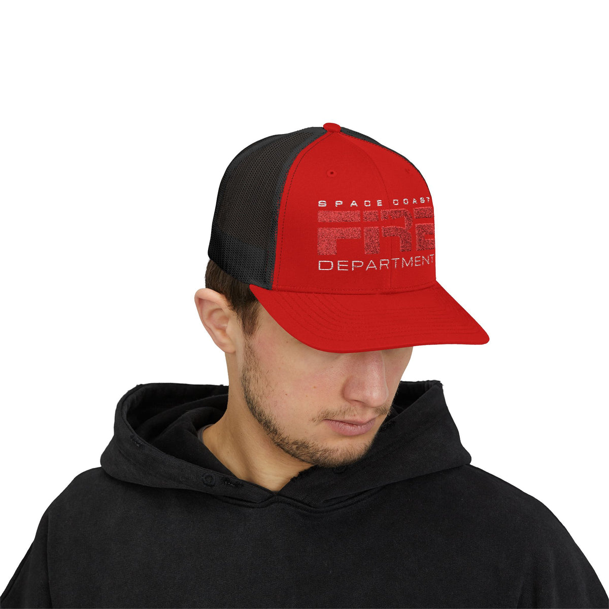 Space Coast Fire Department Trucker Hat, Embroidered Firefighter Cap, Space Center Fire Rescue Gift