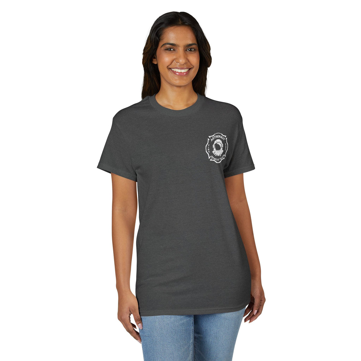 Astronaut Rescue Team Cotton-Poly DryBlend Tee, Firefighter Work Tee, Space Center Fire Rescue Shirt, Rocket Launch First Responder Gift