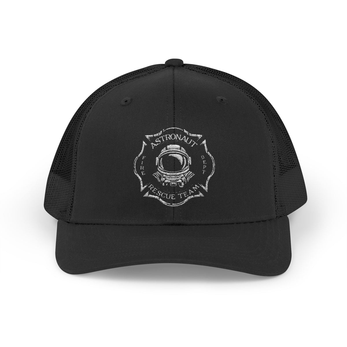 Firefighter Astronaut Rescue Team Trucker Hat, Embroidered Snapback, Space Center Fire Dept Gift, Maltese Cross Rocket Launch Cap