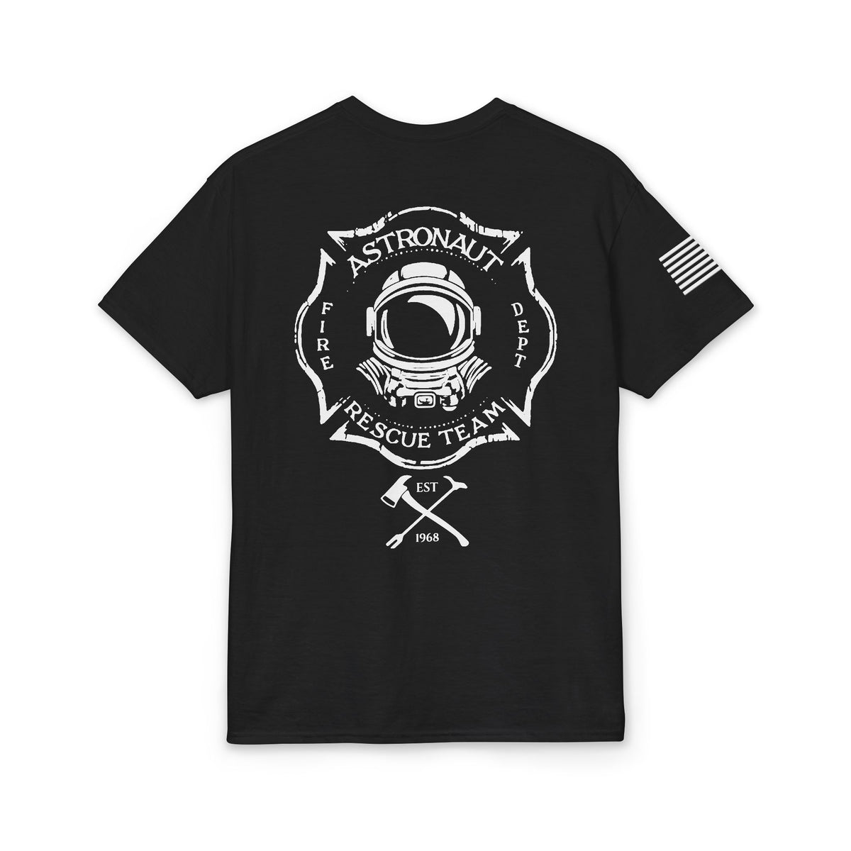 Astronaut Rescue Team Cotton-Poly DryBlend Tee American Flag Sleeve, Firefighter Work Tee, Space Center Fire Rescue Shirt, Rocket Launch First Responder Gift