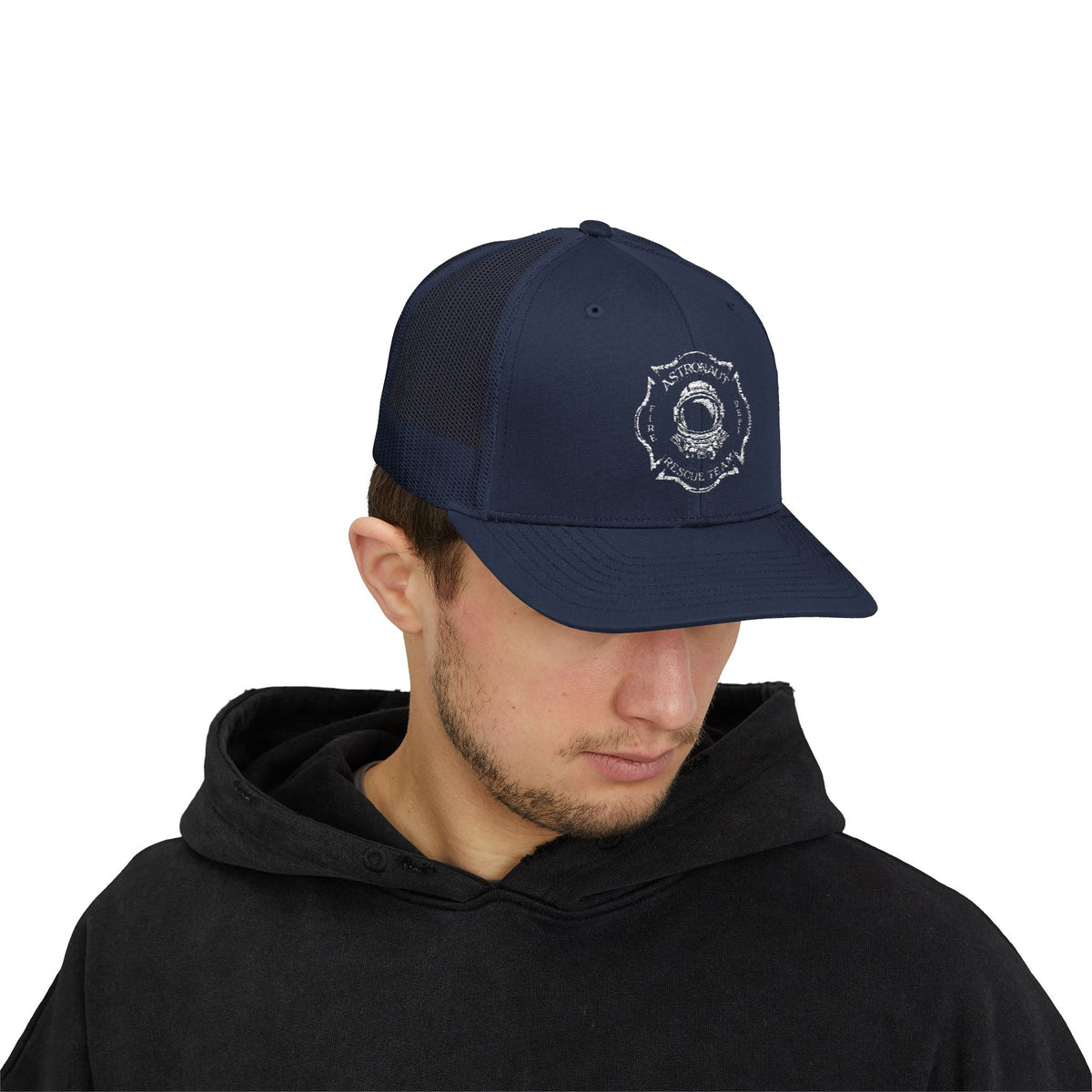 Firefighter Astronaut Rescue Team Trucker Hat, Embroidered Snapback, Space Center Fire Dept Gift, Maltese Cross Rocket Launch Cap