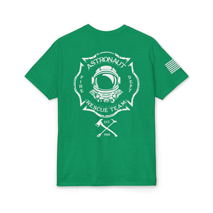 Astronaut Rescue Team Cotton-Poly DryBlend Tee American Flag Sleeve, Firefighter Work Tee, Space Center Fire Rescue Shirt, Rocket Launch First Responder Gift
