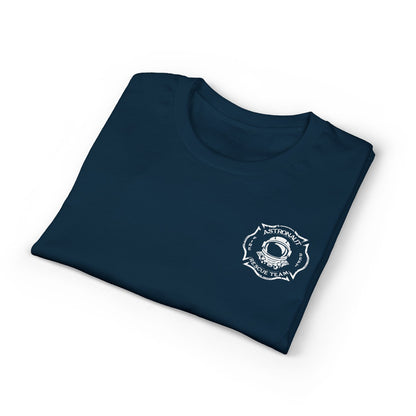 Astronaut Rescue Team Cotton-Poly DryBlend Tee American Flag Sleeve, Firefighter Work Tee, Space Center Fire Rescue Shirt, Rocket Launch First Responder Gift