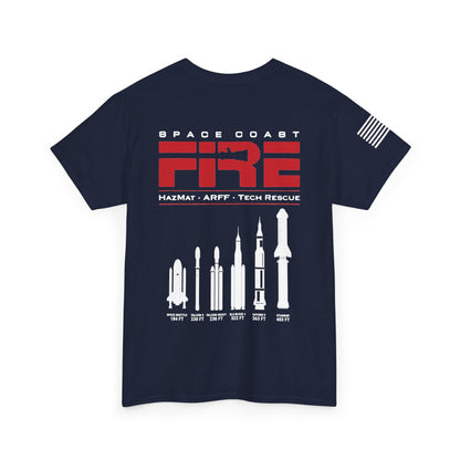 Space Center Fire Rescue Rocket Launch T-Shirt, American Flag Sleeve, Space Coast Fire Dept Firefighter Tee, First Responder Gift