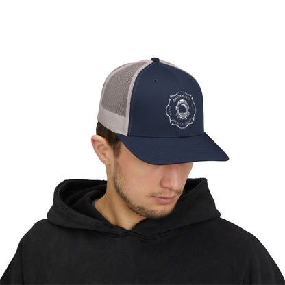 Firefighter Astronaut Rescue Team Trucker Hat, Embroidered Snapback, Space Center Fire Dept Gift, Maltese Cross Rocket Launch Cap