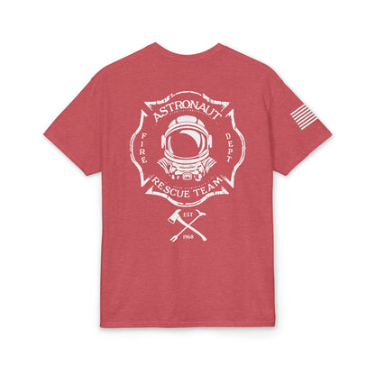 Astronaut Rescue Team Cotton-Poly DryBlend Tee American Flag Sleeve, Firefighter Work Tee, Space Center Fire Rescue Shirt, Rocket Launch First Responder Gift