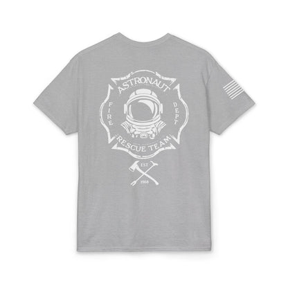 Astronaut Rescue Team Cotton-Poly DryBlend Tee American Flag Sleeve, Firefighter Work Tee, Space Center Fire Rescue Shirt, Rocket Launch First Responder Gift