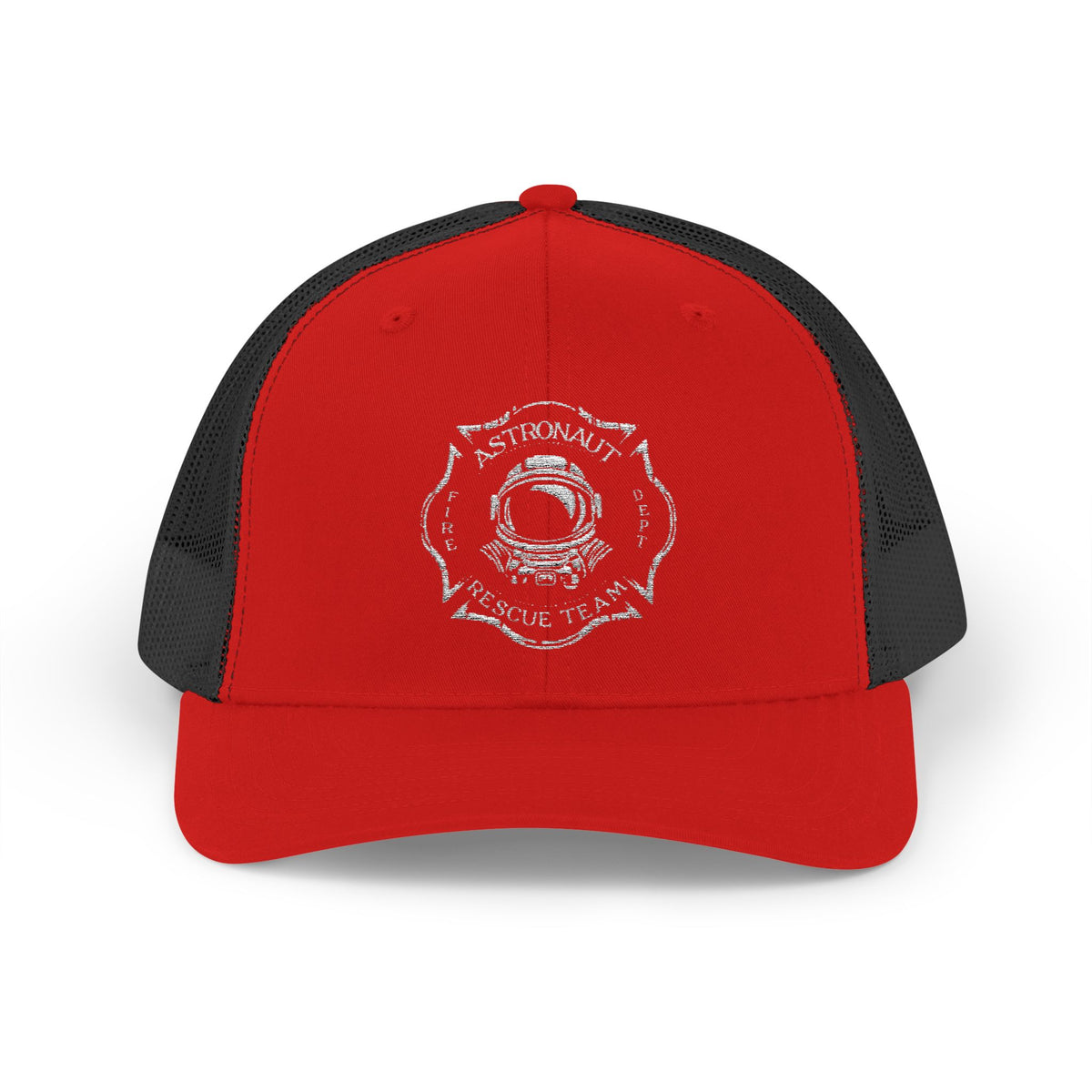 Firefighter Astronaut Rescue Team Trucker Hat, Embroidered Snapback, Space Center Fire Dept Gift, Maltese Cross Rocket Launch Cap