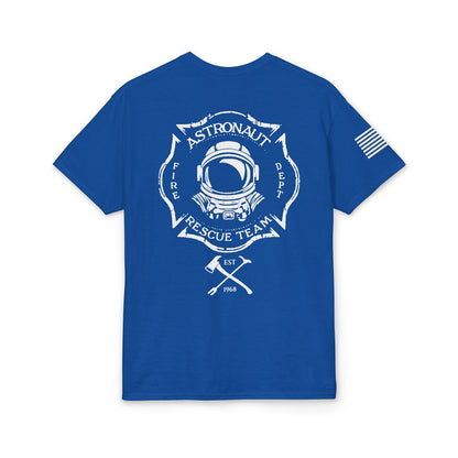 Astronaut Rescue Team Cotton-Poly DryBlend Tee American Flag Sleeve, Firefighter Work Tee, Space Center Fire Rescue Shirt, Rocket Launch First Responder Gift