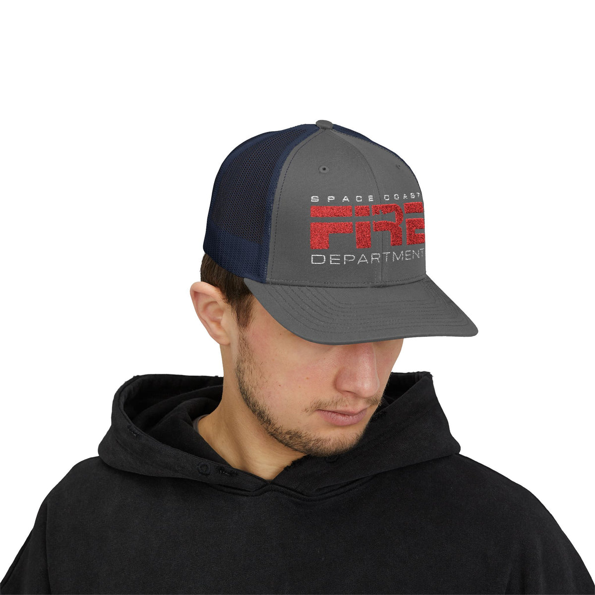 Space Coast Fire Department Trucker Hat, Embroidered Firefighter Cap, Space Center Fire Rescue Gift