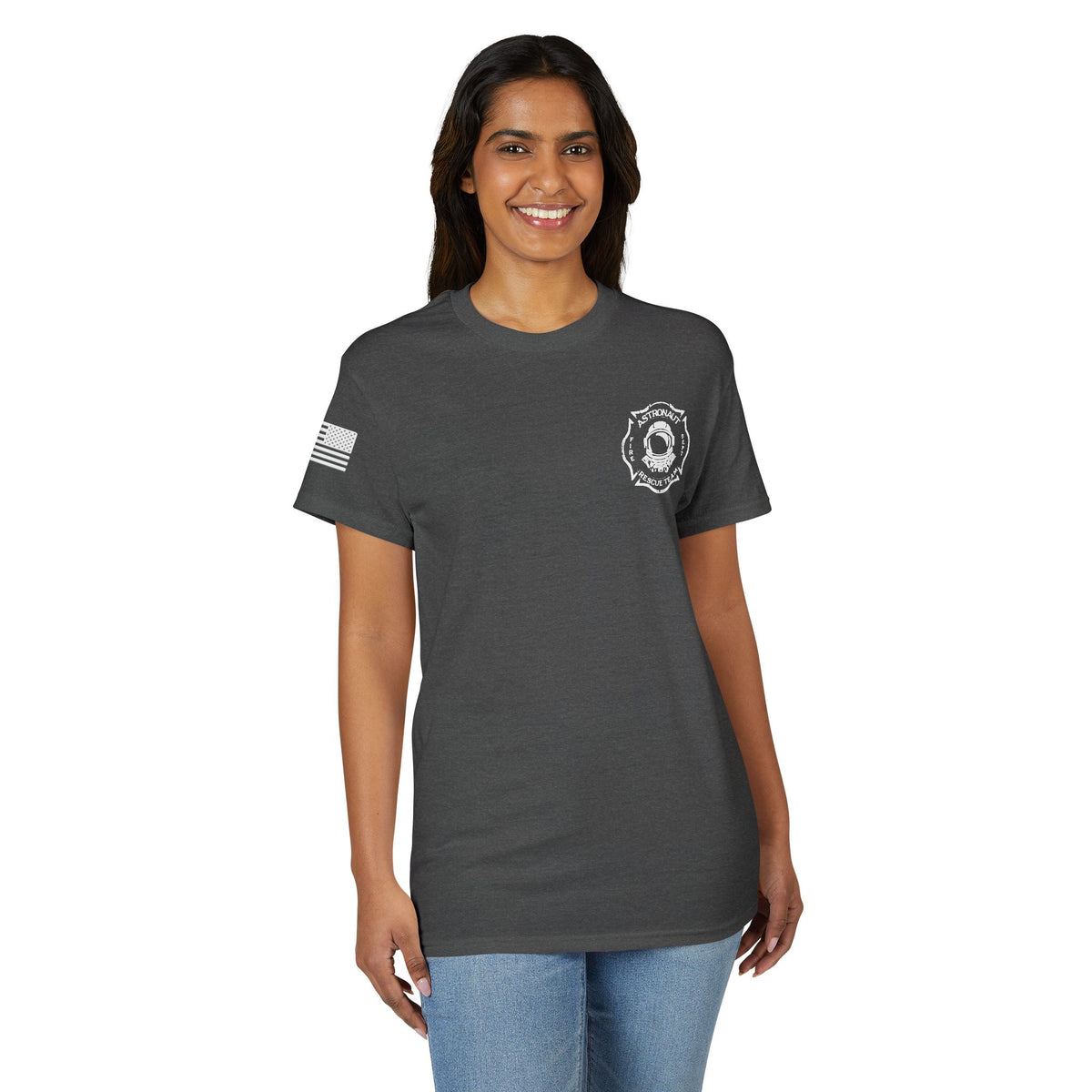 Astronaut Rescue Team Cotton-Poly DryBlend Tee American Flag Sleeve, Firefighter Work Tee, Space Center Fire Rescue Shirt, Rocket Launch First Responder Gift