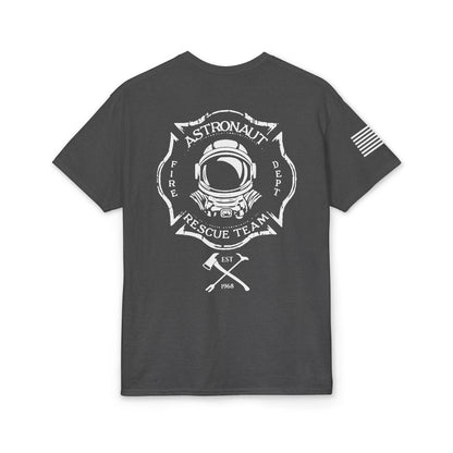 Astronaut Rescue Team Cotton-Poly DryBlend Tee American Flag Sleeve, Firefighter Work Tee, Space Center Fire Rescue Shirt, Rocket Launch First Responder Gift