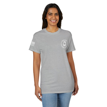 Astronaut Rescue Team Cotton-Poly DryBlend Tee American Flag Sleeve, Firefighter Work Tee, Space Center Fire Rescue Shirt, Rocket Launch First Responder Gift