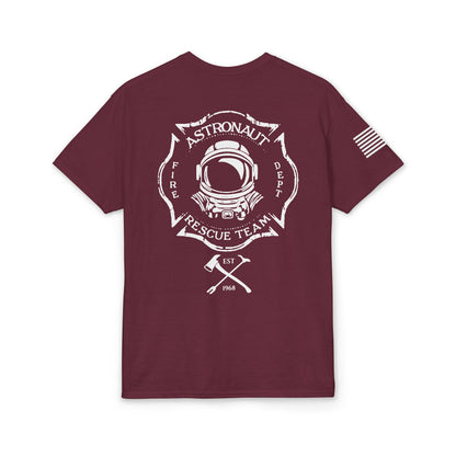 Astronaut Rescue Team Cotton-Poly DryBlend Tee American Flag Sleeve, Firefighter Work Tee, Space Center Fire Rescue Shirt, Rocket Launch First Responder Gift