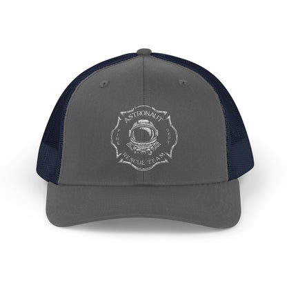 Firefighter Astronaut Rescue Team Trucker Hat, Embroidered Snapback, Space Center Fire Dept Gift, Maltese Cross Rocket Launch Cap