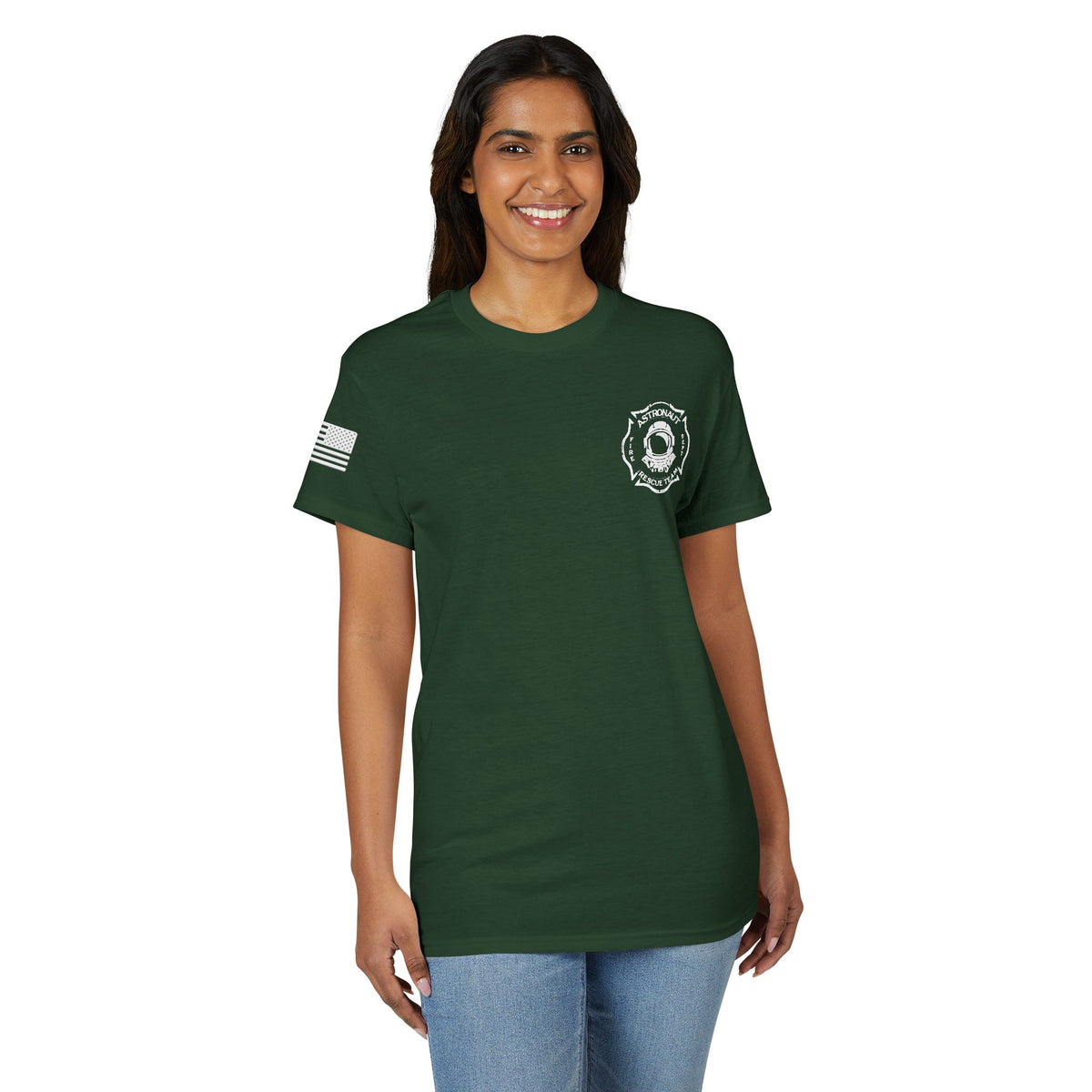 Astronaut Rescue Team Cotton-Poly DryBlend Tee American Flag Sleeve, Firefighter Work Tee, Space Center Fire Rescue Shirt, Rocket Launch First Responder Gift