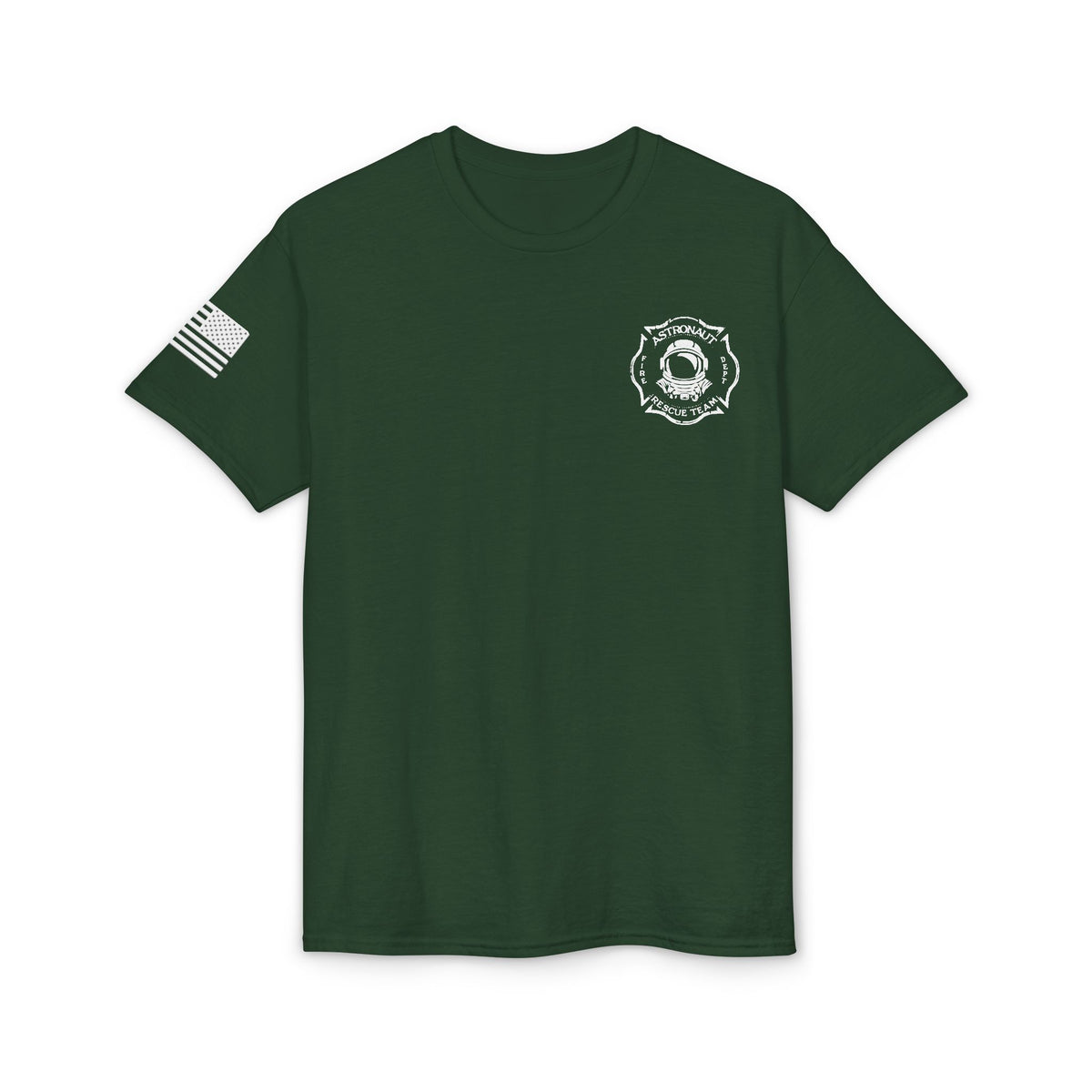 Astronaut Rescue Team Cotton-Poly DryBlend Tee American Flag Sleeve, Firefighter Work Tee, Space Center Fire Rescue Shirt, Rocket Launch First Responder Gift