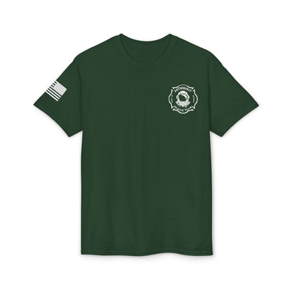 Astronaut Rescue Team Cotton-Poly DryBlend Tee American Flag Sleeve, Firefighter Work Tee, Space Center Fire Rescue Shirt, Rocket Launch First Responder Gift