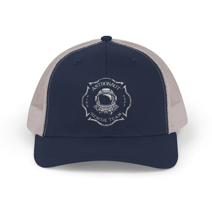 Firefighter Astronaut Rescue Team Trucker Hat, Embroidered Snapback, Space Center Fire Dept Gift, Maltese Cross Rocket Launch Cap