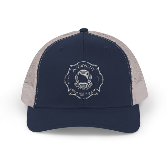 Firefighter Astronaut Rescue Team Trucker Hat, Embroidered Snapback, Space Center Fire Dept Gift, Maltese Cross Rocket Launch Cap