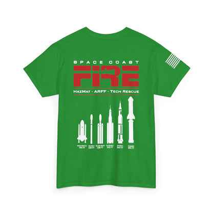 Space Center Fire Rescue Rocket Launch T-Shirt, American Flag Sleeve, Space Coast Fire Dept Firefighter Tee, First Responder Gift