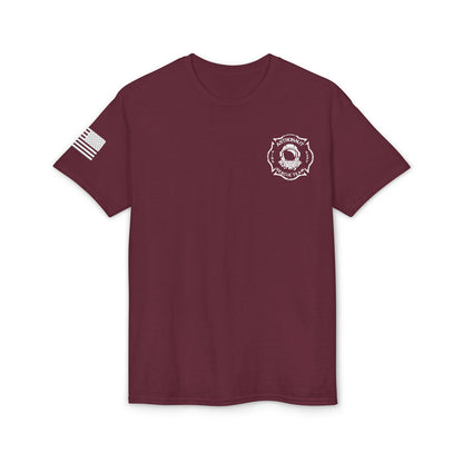 Astronaut Rescue Team Cotton-Poly DryBlend Tee American Flag Sleeve, Firefighter Work Tee, Space Center Fire Rescue Shirt, Rocket Launch First Responder Gift