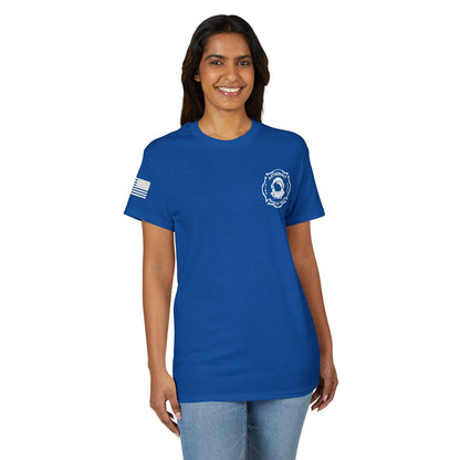 Astronaut Rescue Team Cotton-Poly DryBlend Tee American Flag Sleeve, Firefighter Work Tee, Space Center Fire Rescue Shirt, Rocket Launch First Responder Gift