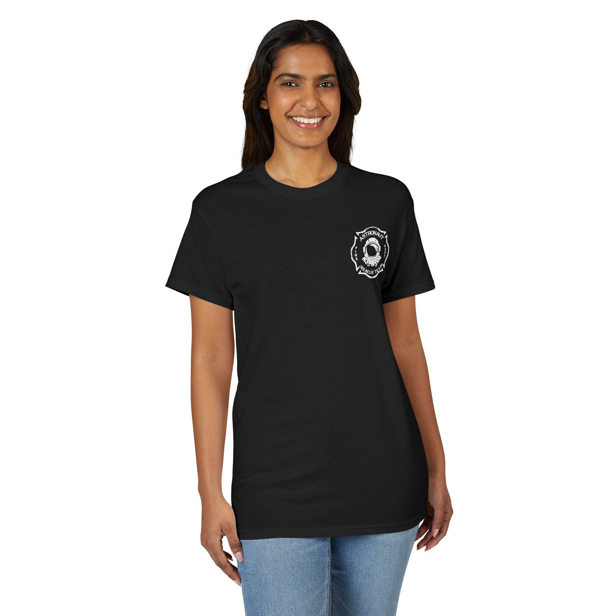 Astronaut Rescue Team Cotton-Poly DryBlend Tee, Firefighter Work Tee, Space Center Fire Rescue Shirt, Rocket Launch First Responder Gift