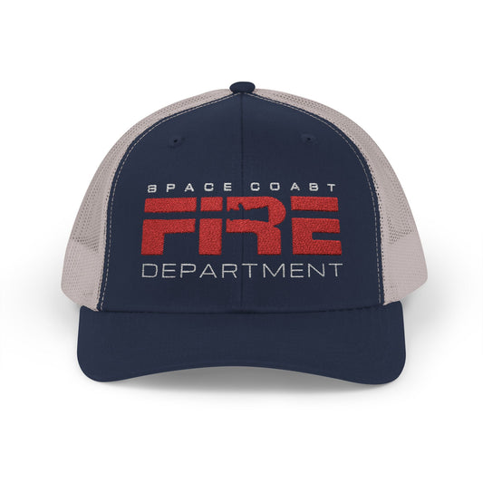 Space Coast Fire Department Trucker Hat, Embroidered Firefighter Cap, Space Center Fire Rescue Gift